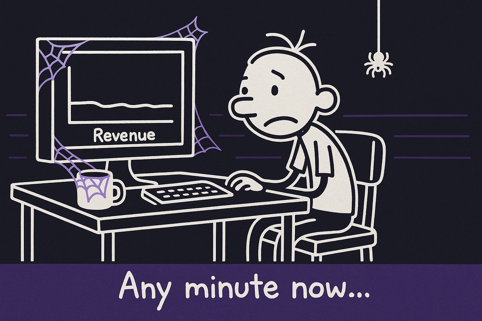Developer waiting alone at empty revenue chart with cobwebs - any minute now